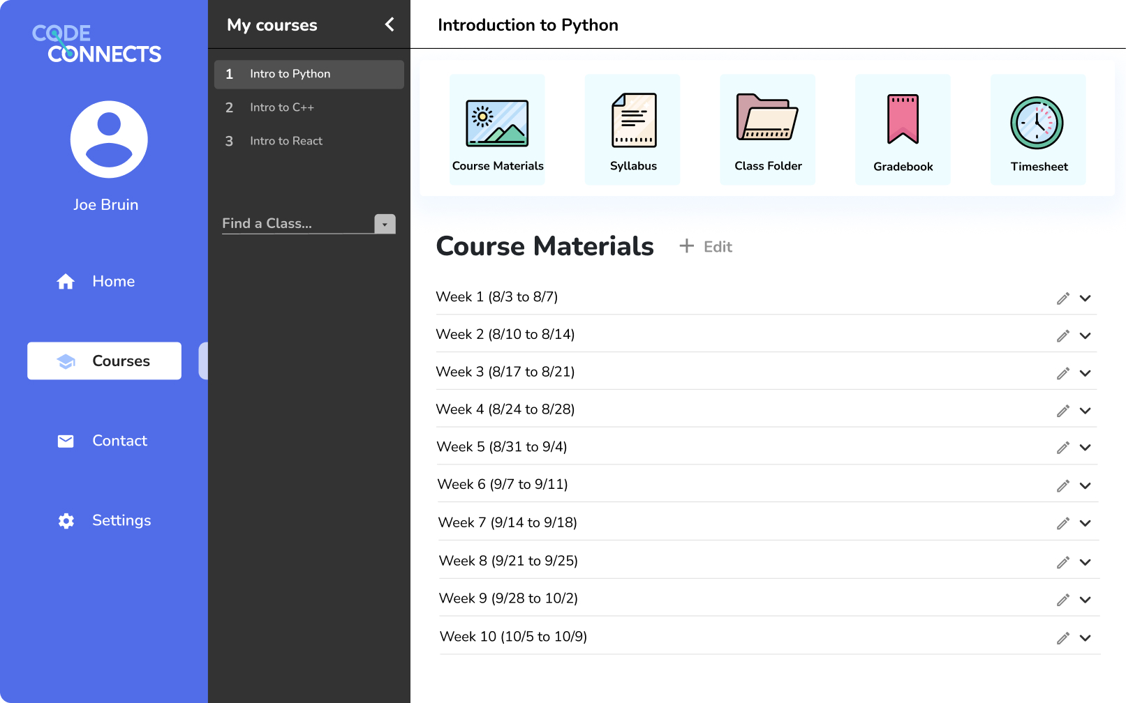 Course portal showing an Introduction to Python class with course materials organized by week