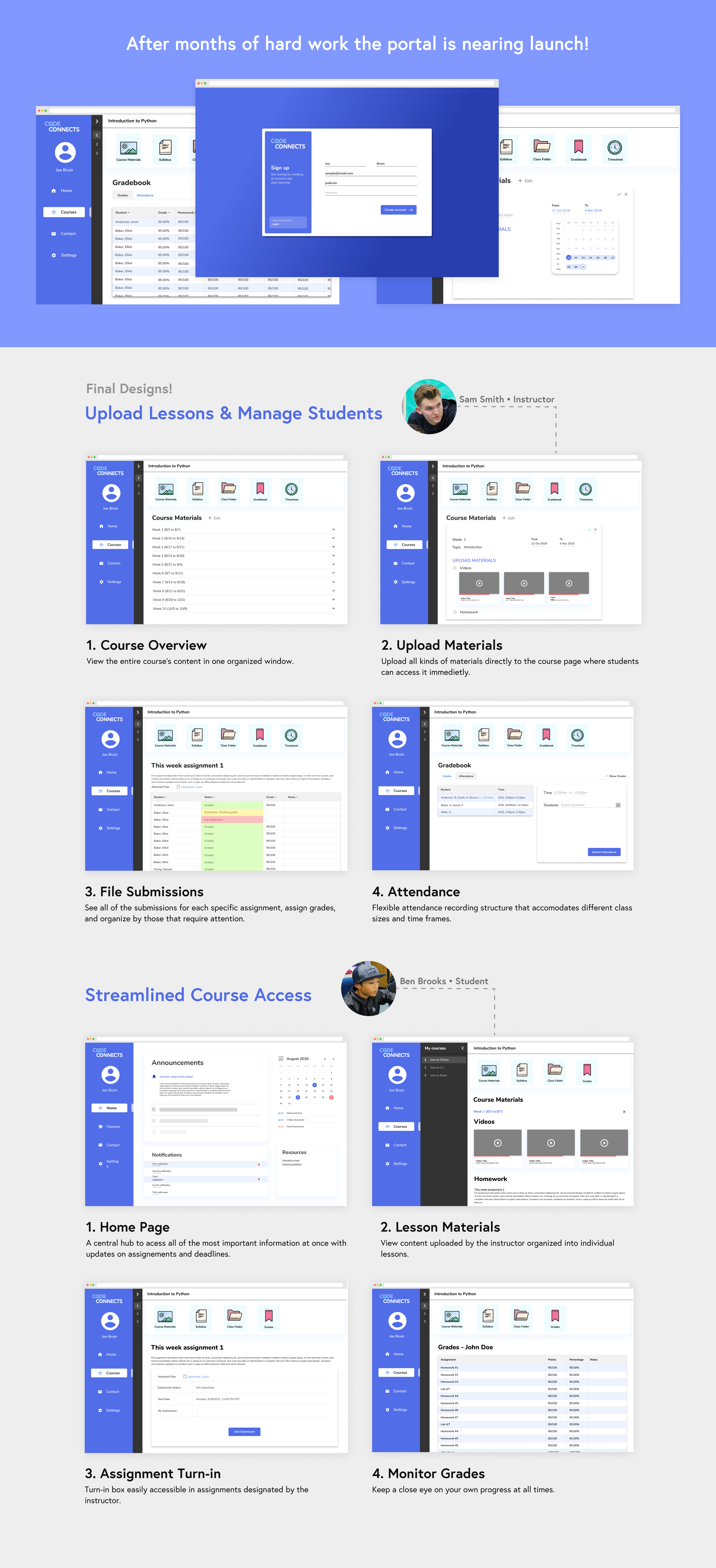 Final portal designs for the student and instructor experiences