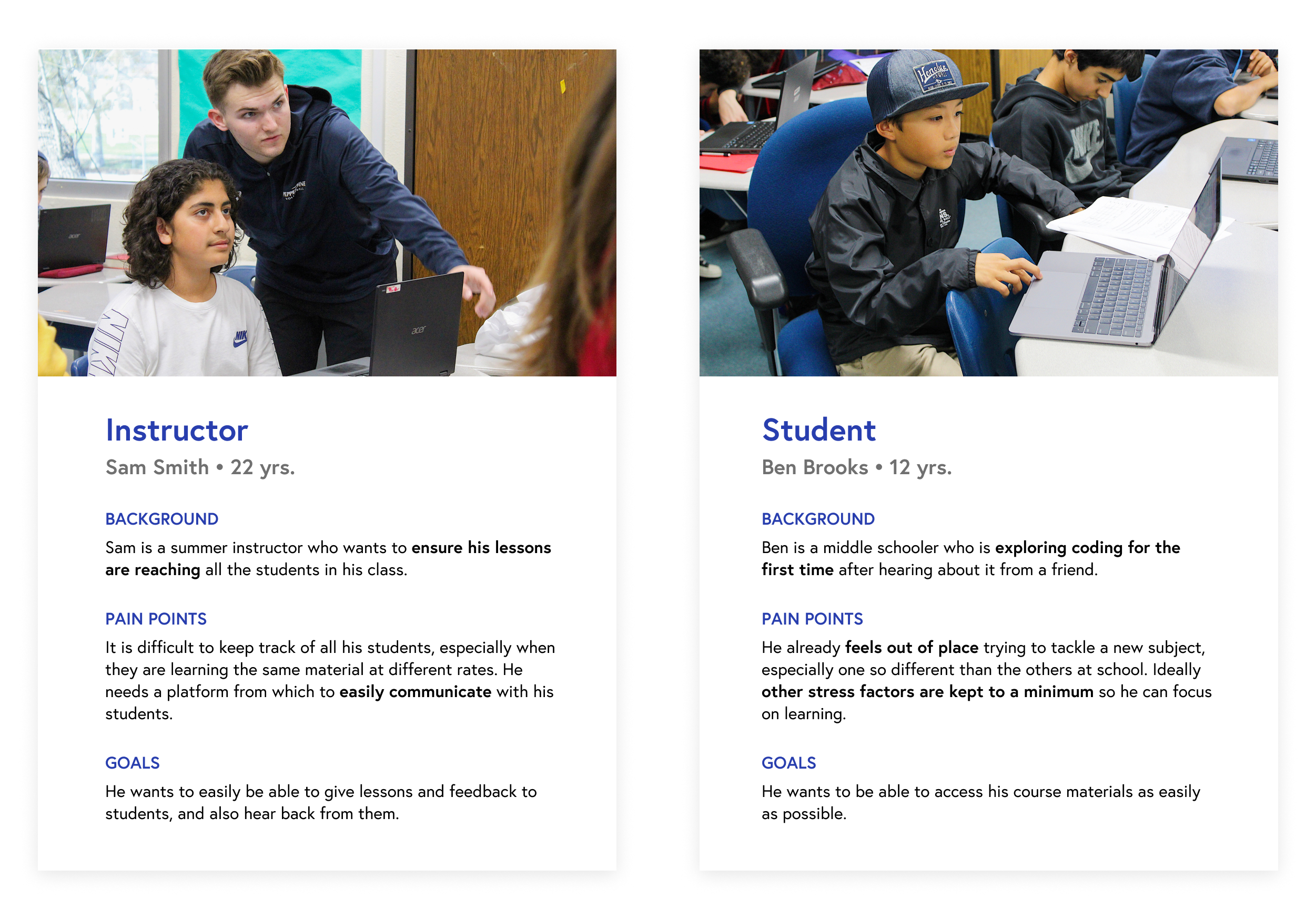 Persona sheets for a student and an instructor