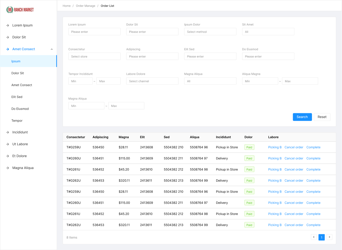 Order management dashboard with search filters and a list of orders