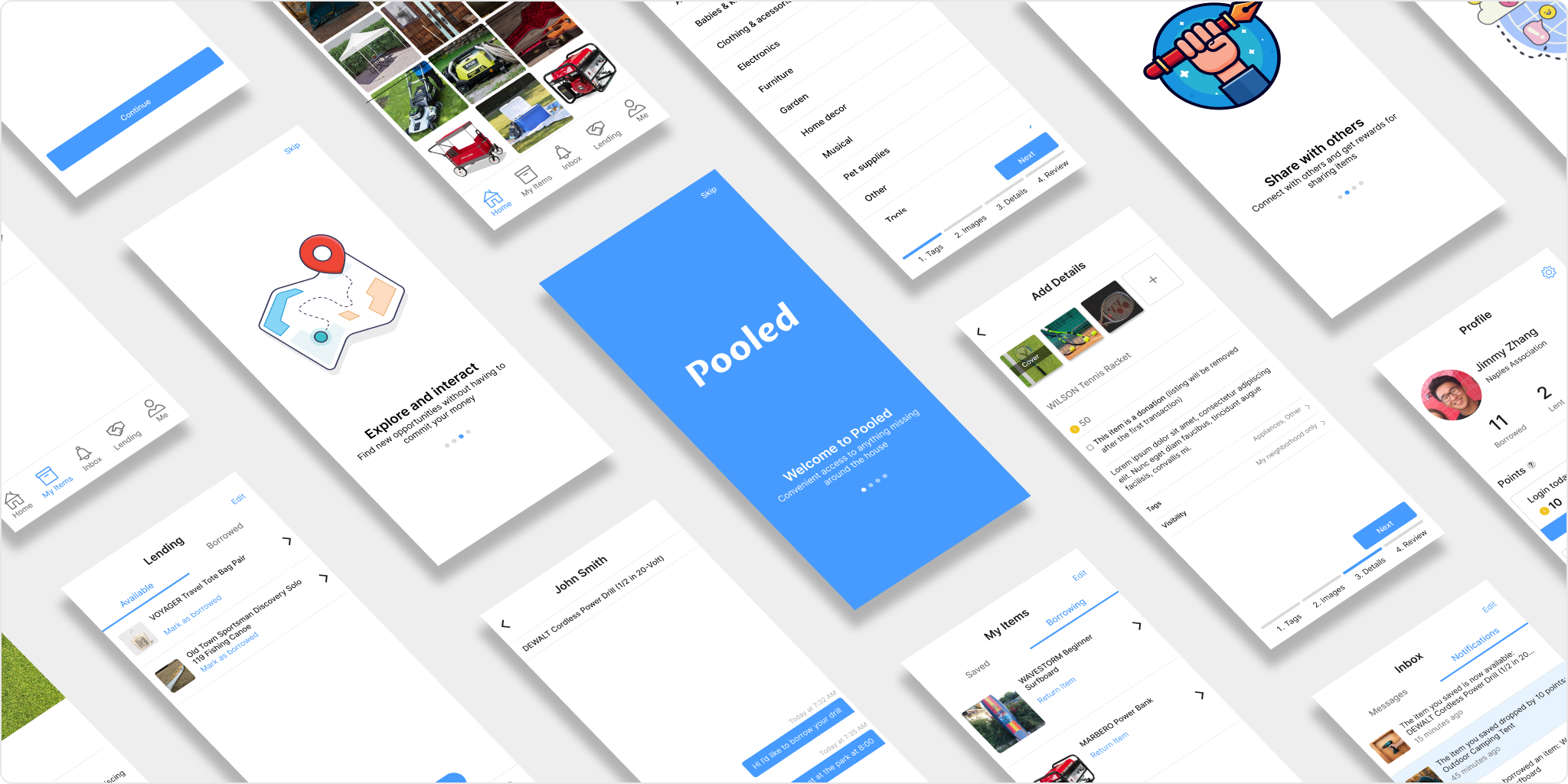 Collage of Pooled app screens arranged diagonally around a welcome screen