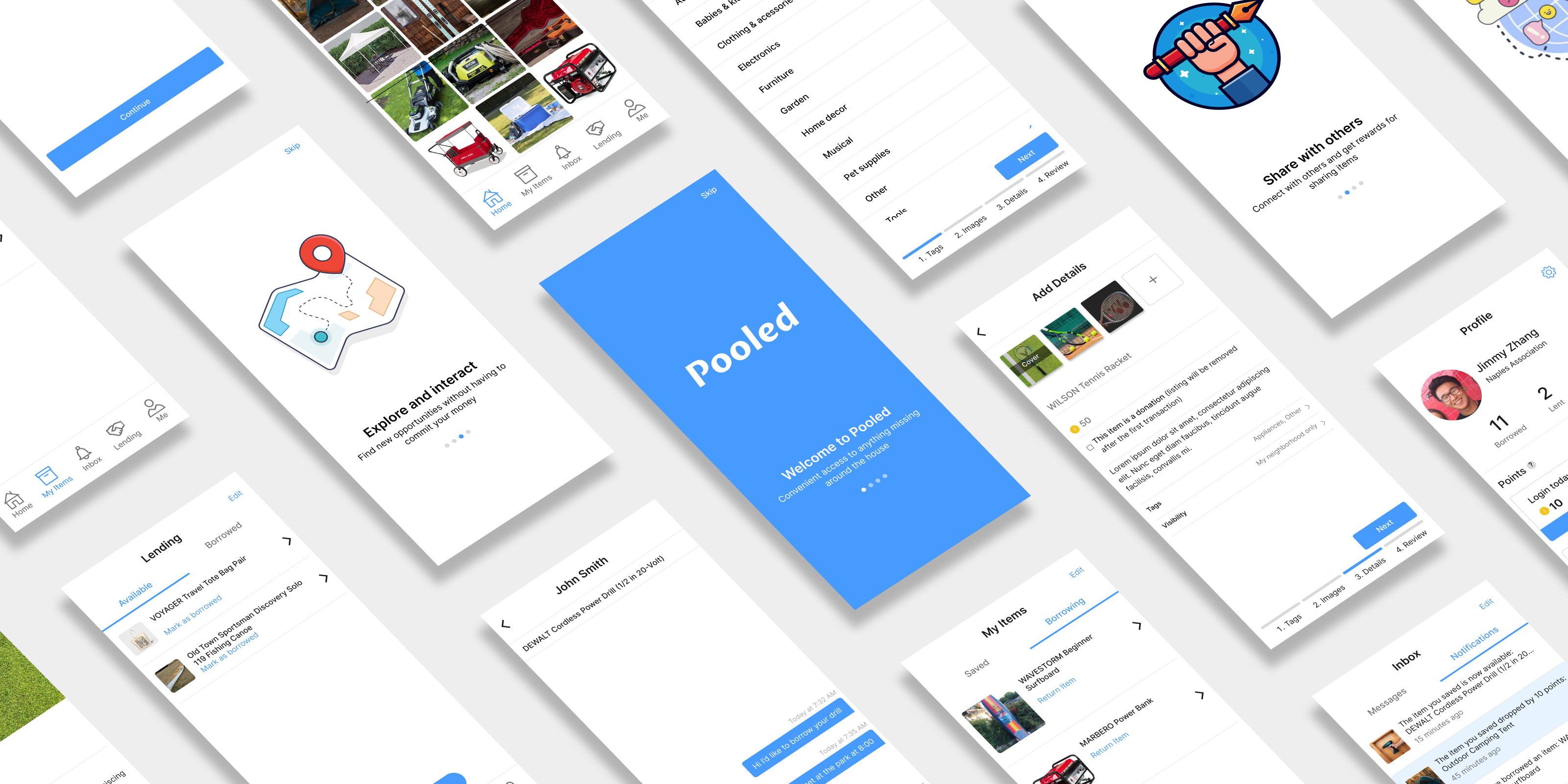 Collage of Pooled app screens arranged diagonally around a welcome screen