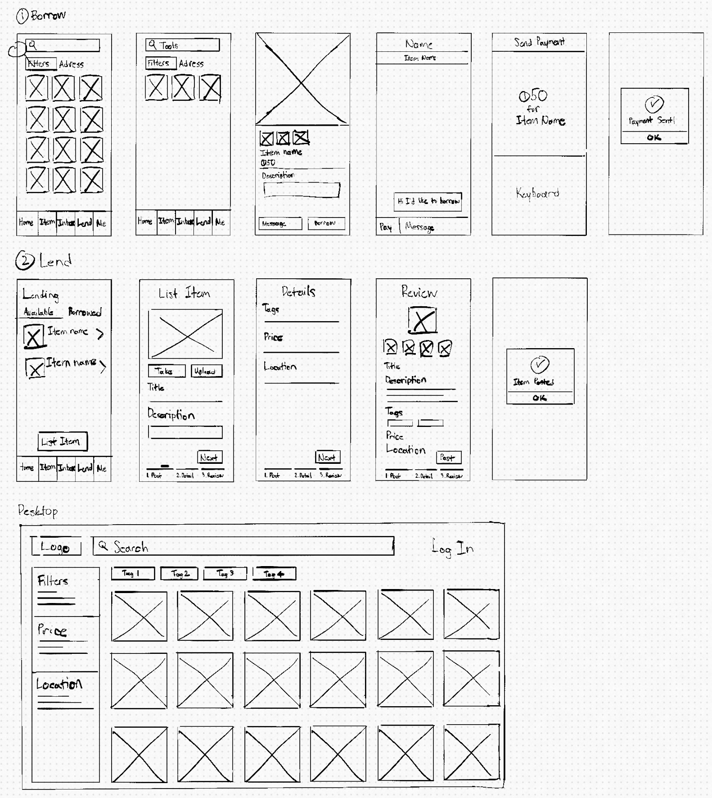Rough pencil sketches of app screens