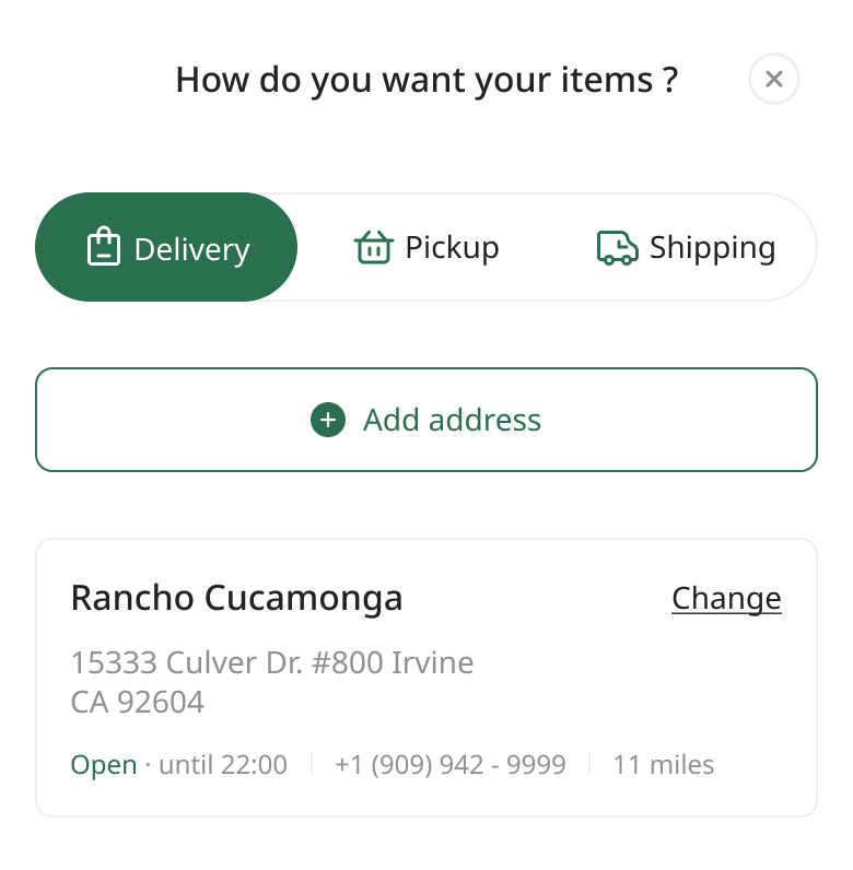 Mobile dialog asking how you want your items, with delivery, pickup, and shipping options