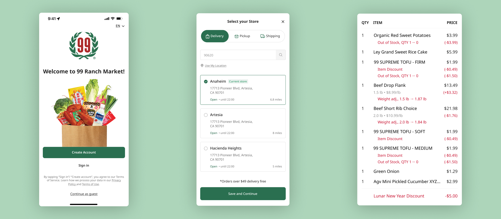 App screens for account onboarding, store and delivery selection, and post-order price adjustments